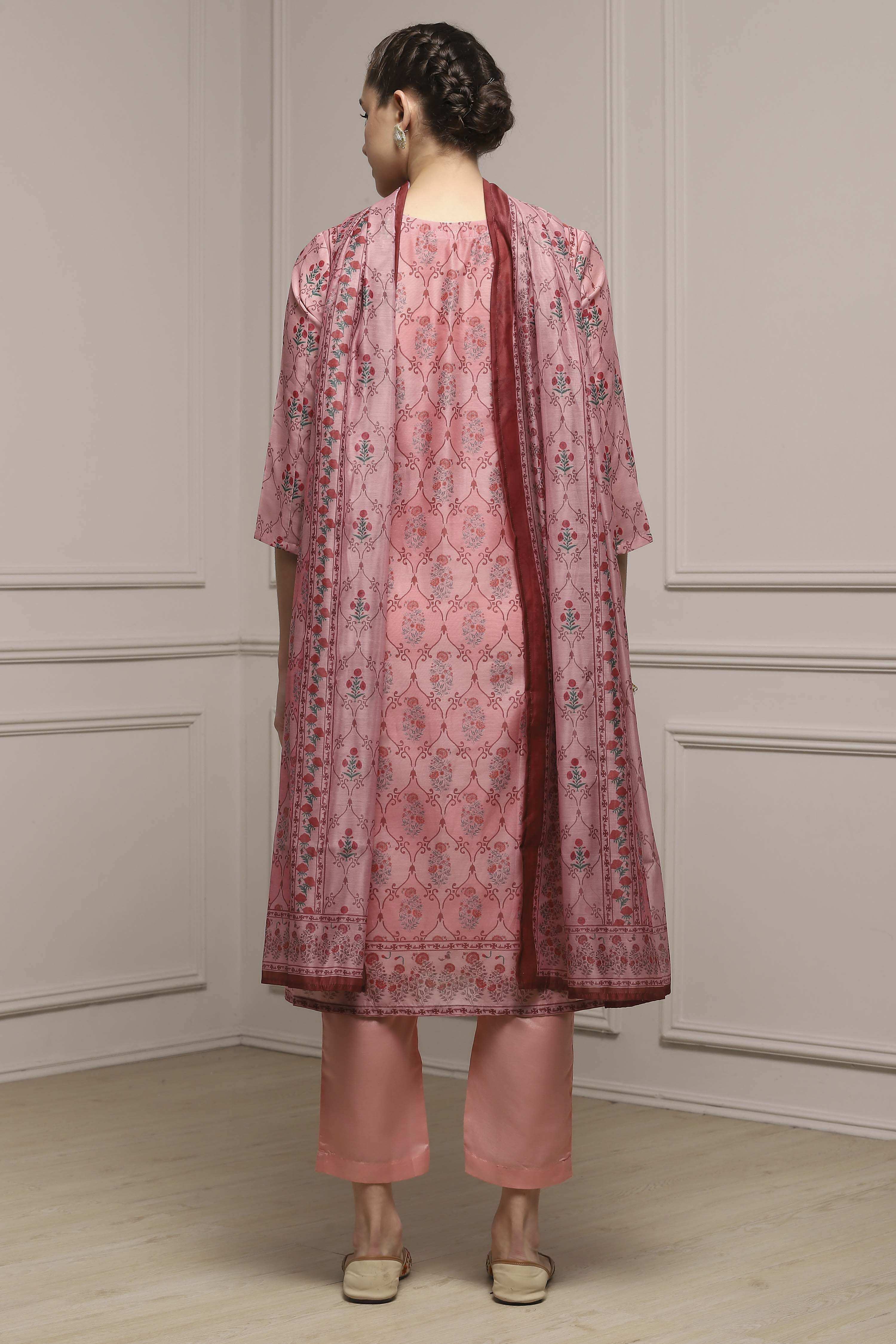 Pink Chanderi Blend Printed Embroidered Unstitched Suit Set image number 5