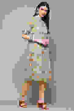 Yellow Teal Polyester Straight Kurta image number 4