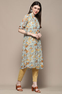 Yellow Teal Polyester Straight Kurta image number 4