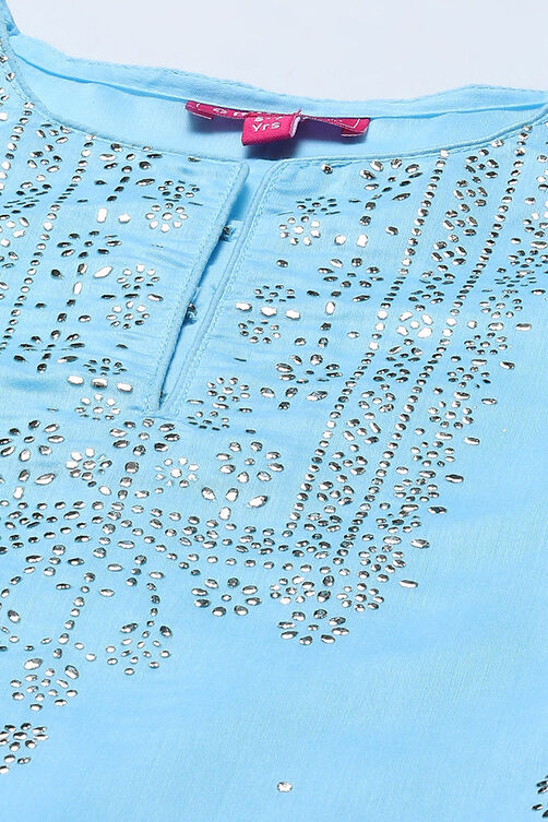 Powder Blue Polyester Straight Printed Suit Set image number 1