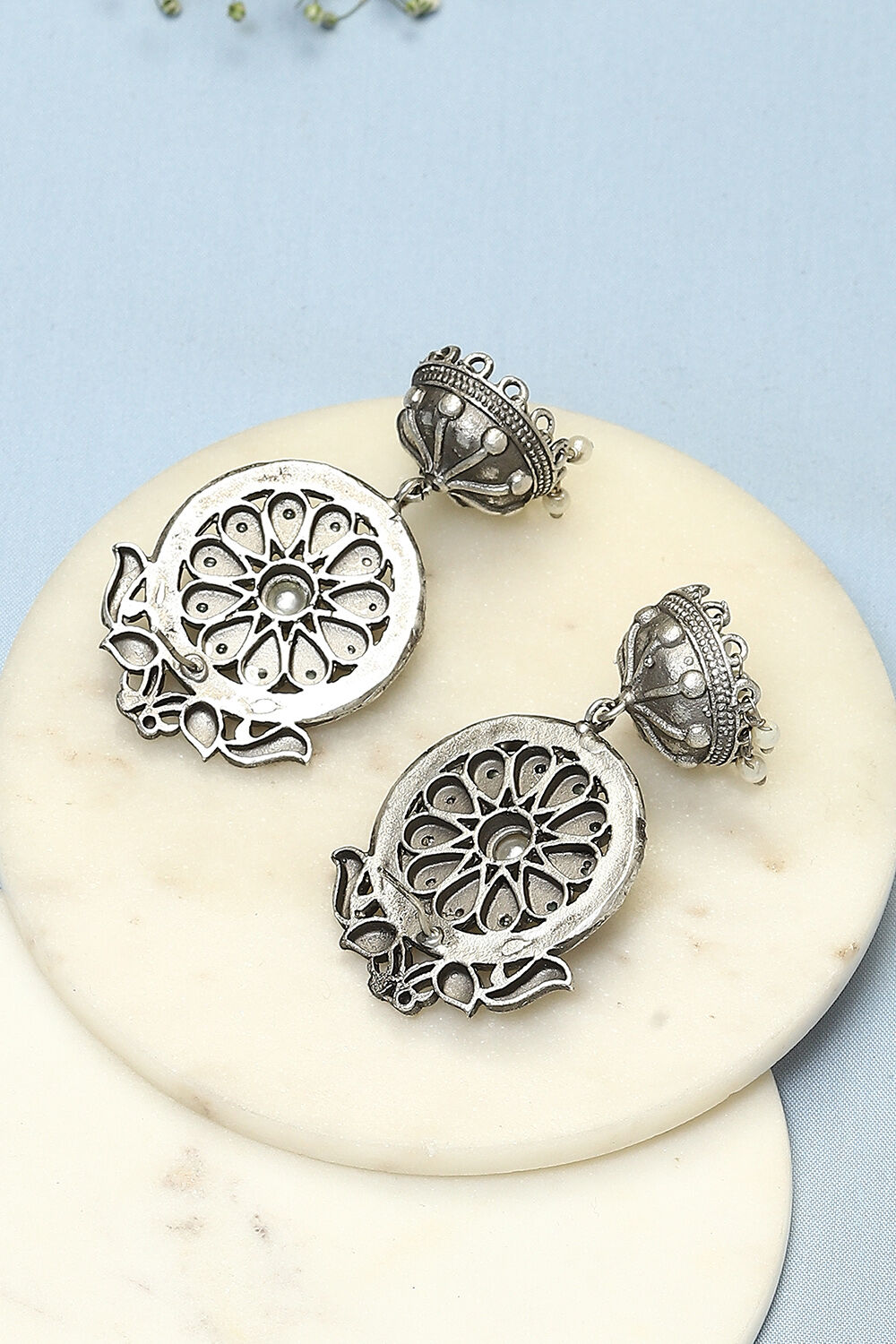 Oxidised Light Blue Brass Earrings image number 2