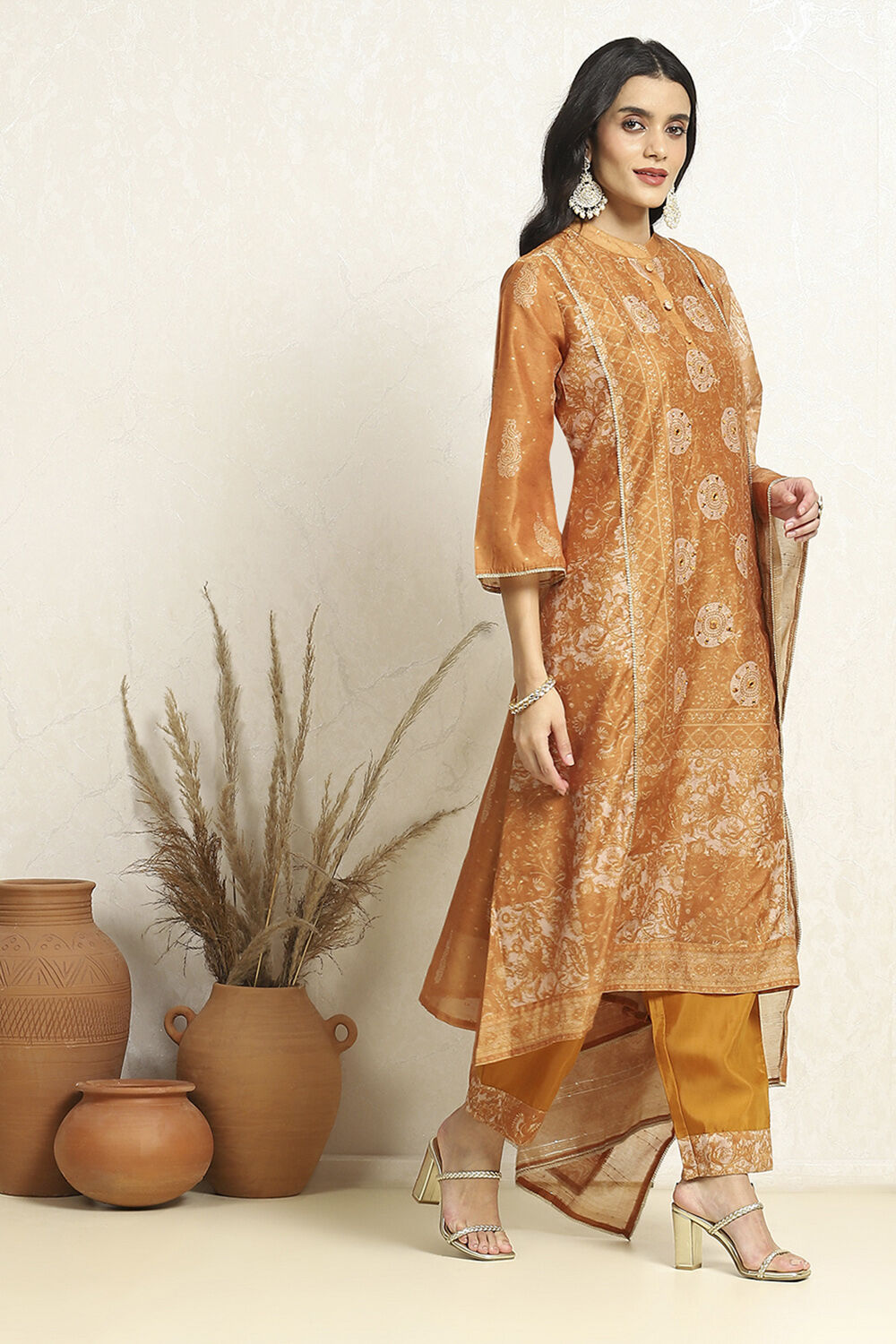Beige Chanderi Printed Unstitched Suit Set image number 6