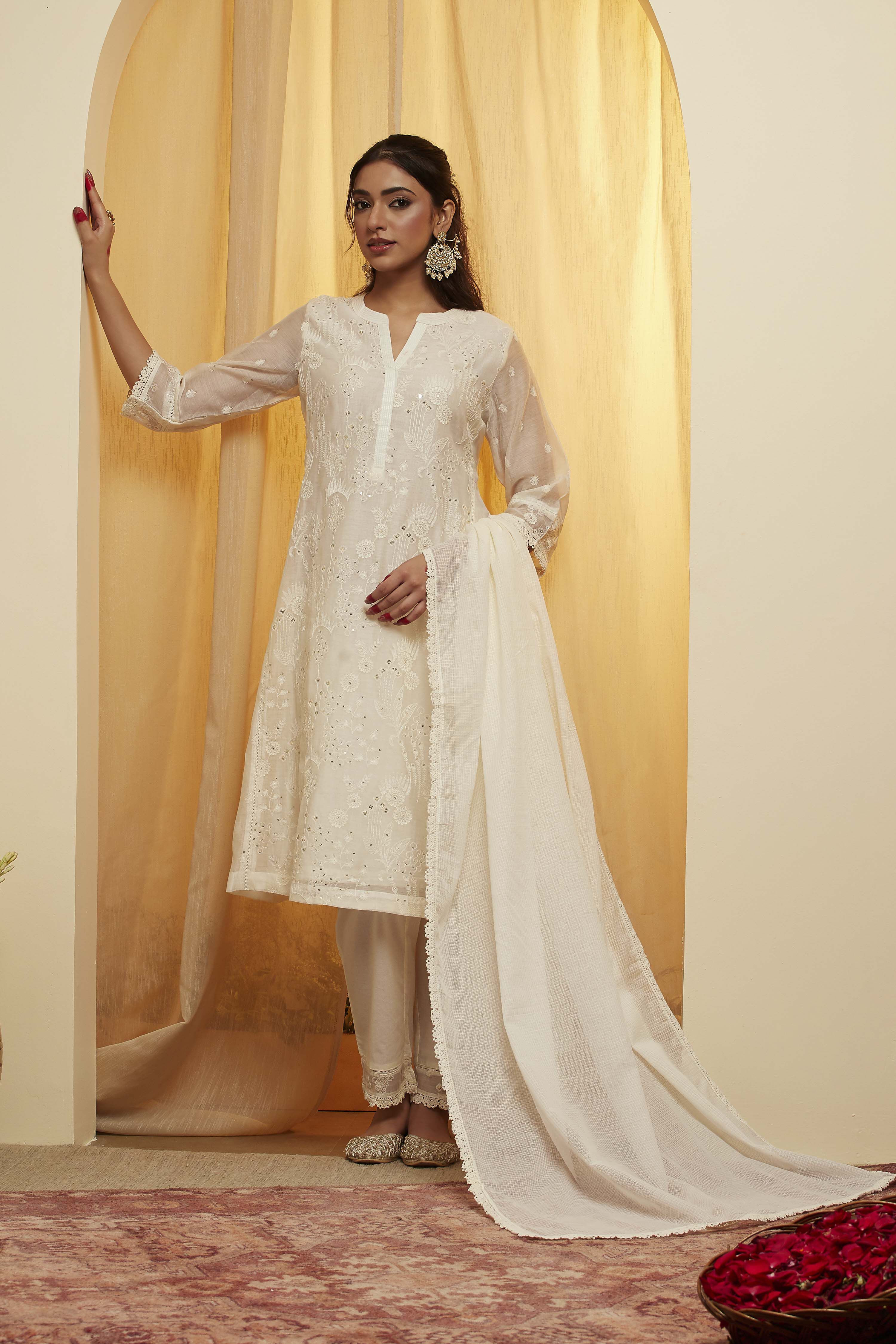 Off-White Embroidered Cotton Silk Kurta Set image number 0