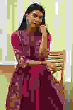 Plum Art Silk Flared with Cape Printed Dress image number 1