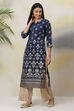 Navy Art Silk Straight Printed Kurta