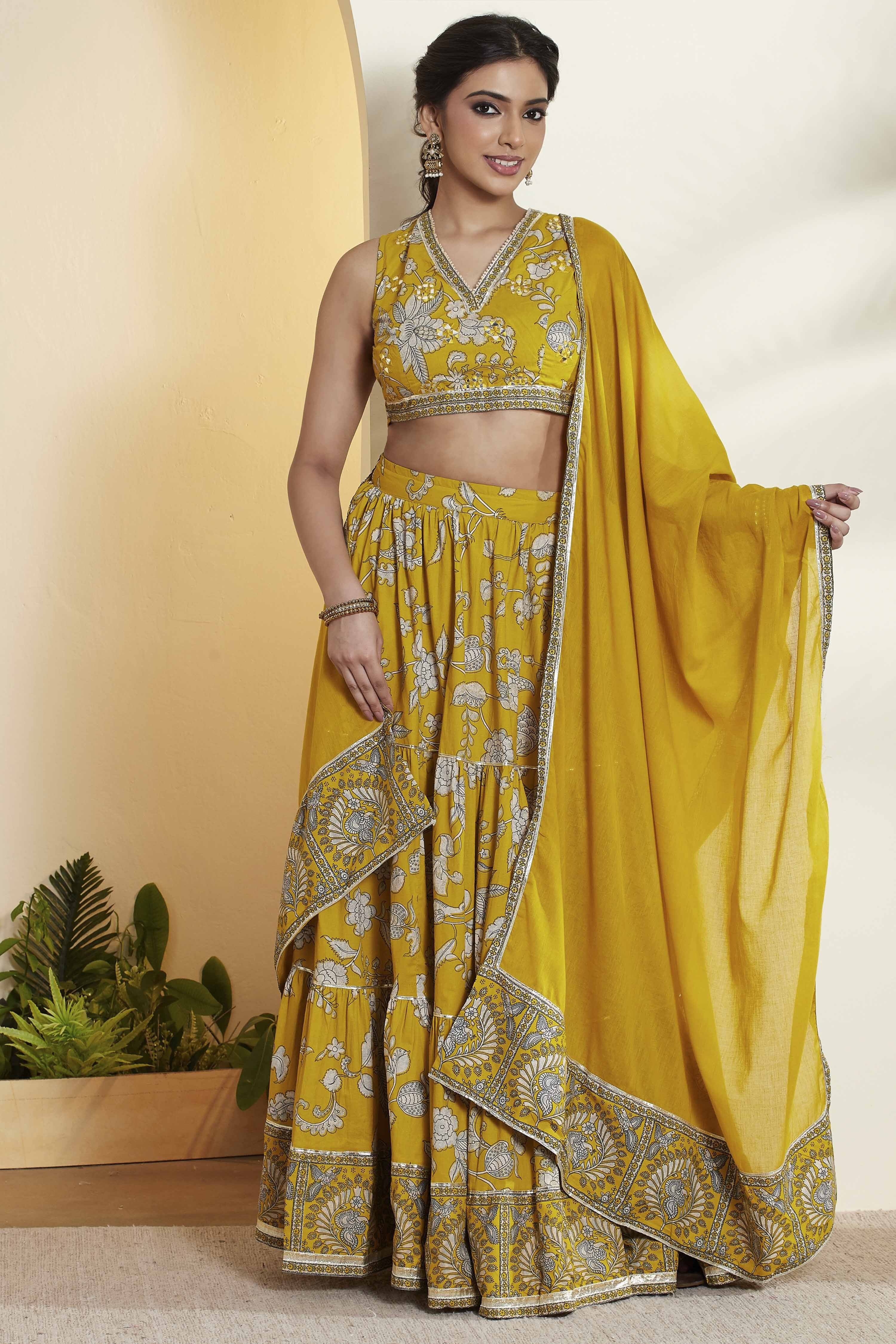 Yellow Cotton Straight Lehenga Set image number 7