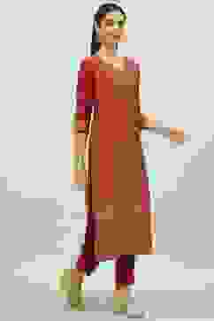 Maroon Art Silk Straight Kurta Slim Pants Suit Set image number 5