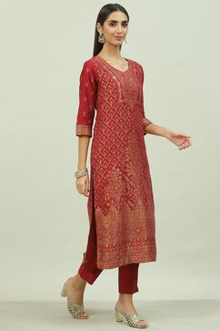 Maroon Art Silk Straight Kurta Slim Pants Suit Set image number 5