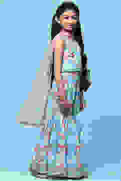 Blue Cotton Printed Blouse And Sharara t With Net Dupatta image number 6