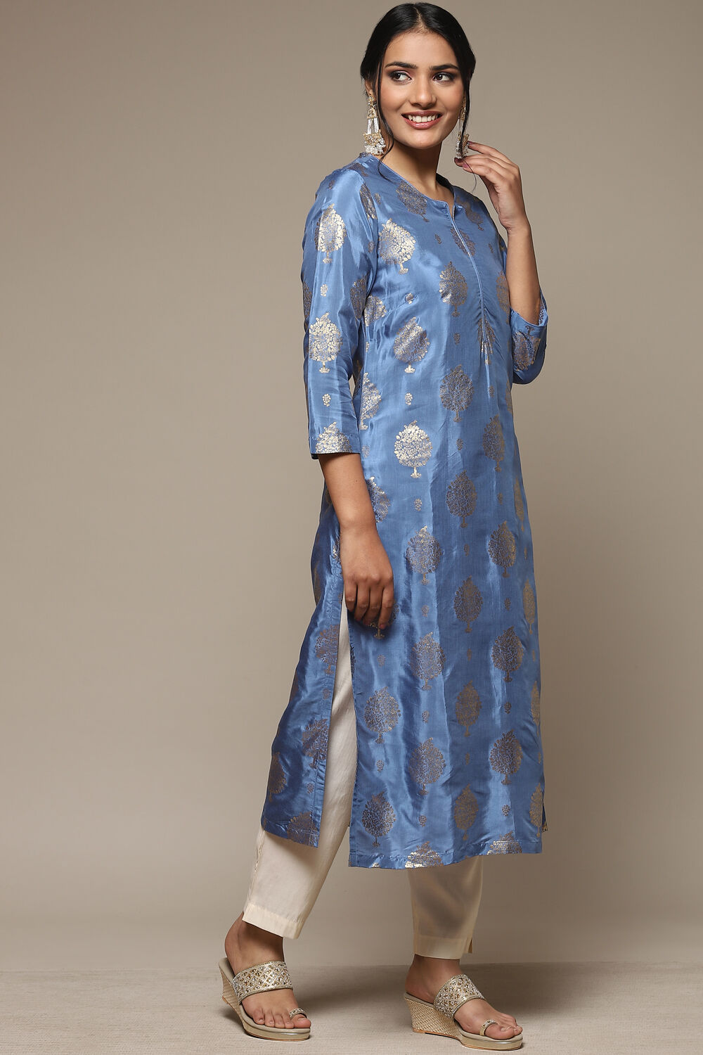 Blue Viscose Straight Printed Kurta image number 3