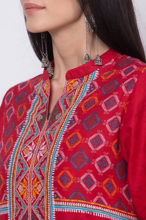 Red Cotton A-Line Printed Kurta image number 1