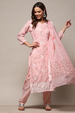 Pink Linen Unstitched Suit Set image number 1