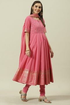 Pink Embroidered Cotton Anarkali Kurta Churidar Suit Set image number 6