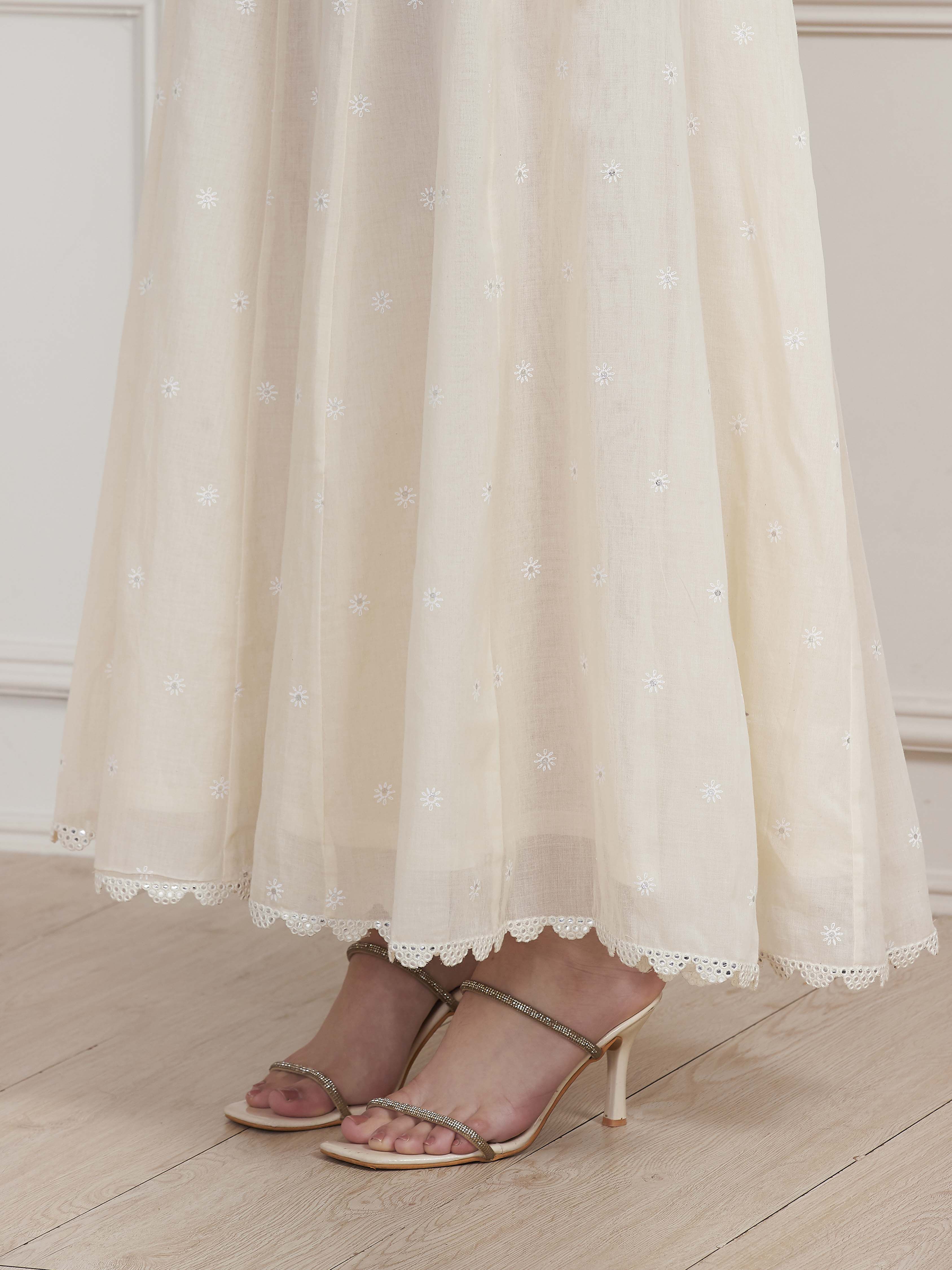 Ecru Cotton Embroidered Straight Sharara Suit Set image number 10