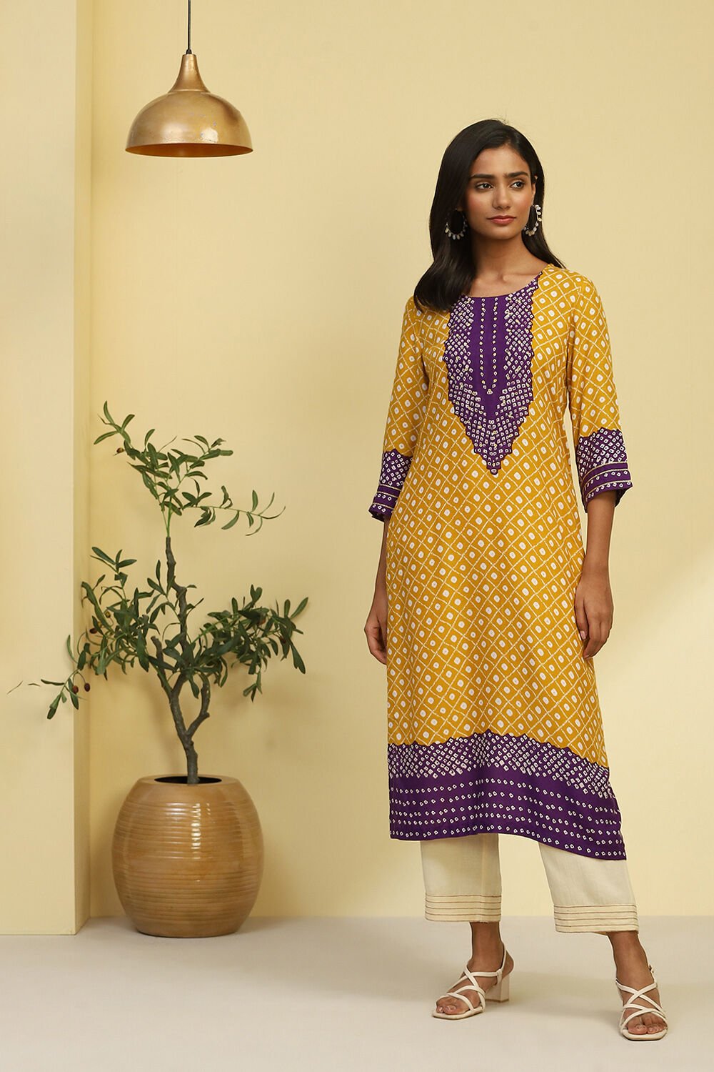 Yellow Bandhani Printed Straight Kurta at Biba India