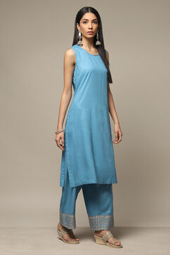 Ink Blue Viscose Straight Printed 3 Piece Set image number 1