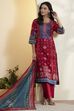 Red Cotton Printed Straight Kurta Set