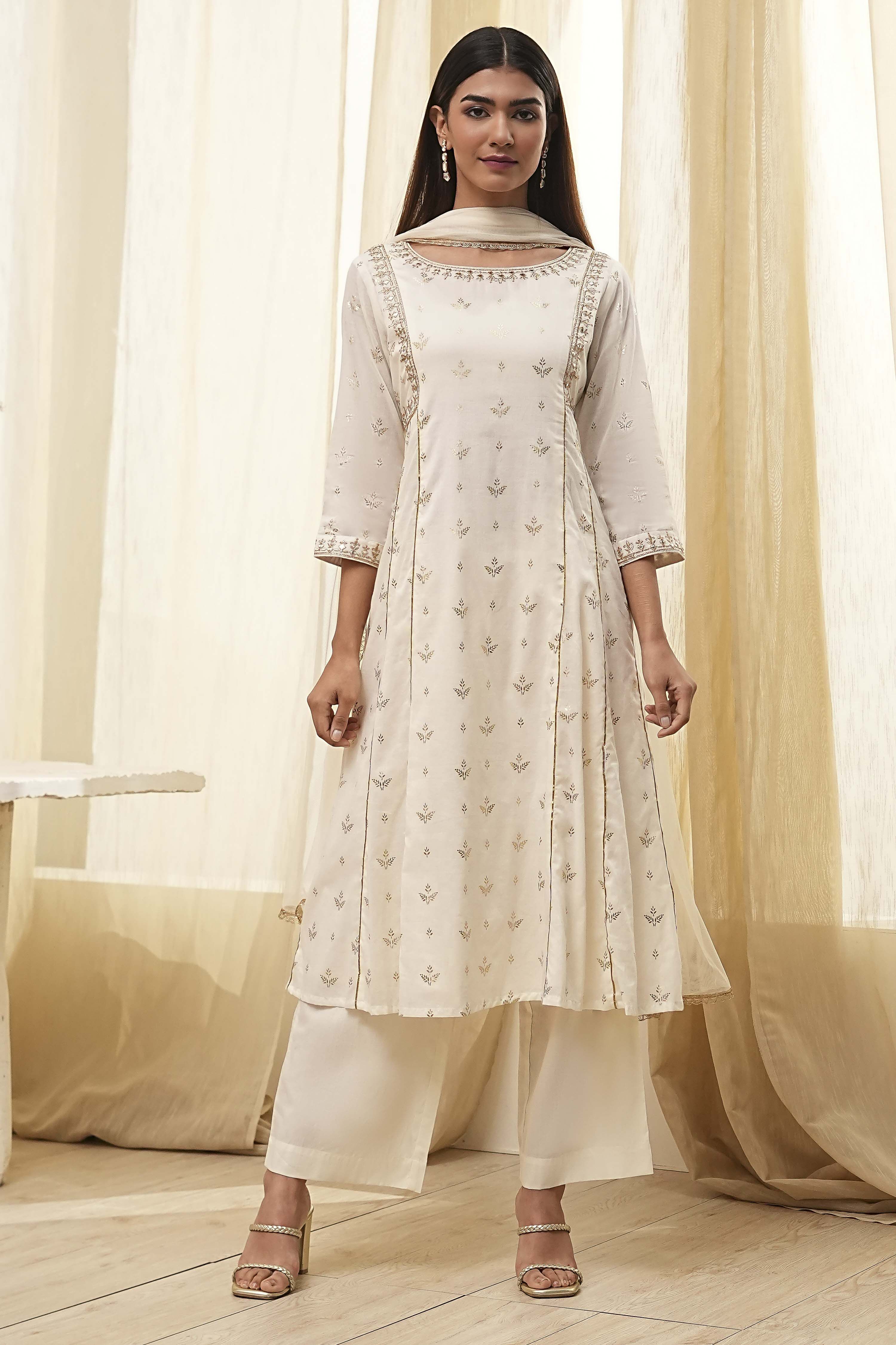 Cream-Colored Cotton Foil Printed Kalidar Suit Set image number 6