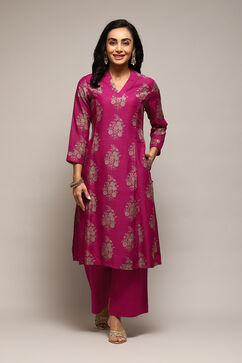 Magenta Cotton Blend A-Line Printed Kurta Palazzo Suit Set image number 6