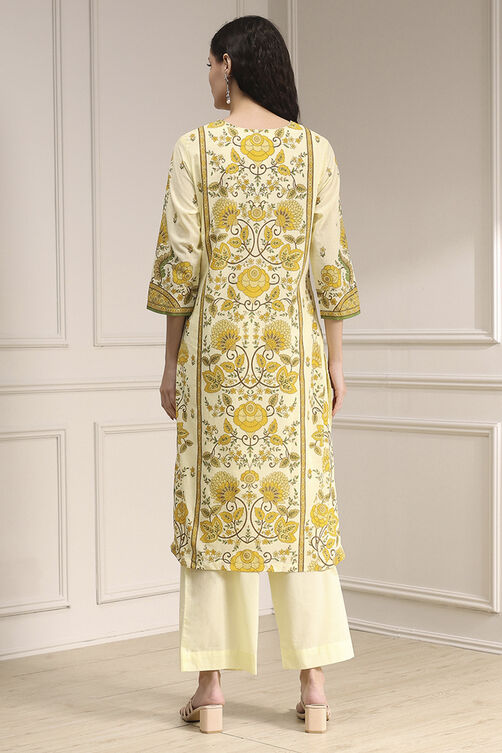 Cream-Colored Cotton Printed Straight Suit Set image number 4