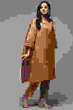 Mustard Art Silk Straight Kurta Slim Pants Suit Set image number 6