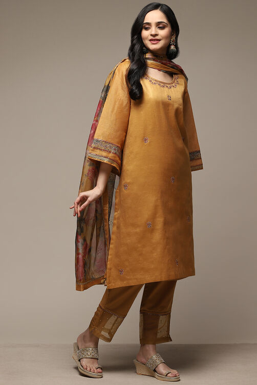 Mustard Art Silk Straight Kurta Slim Pants Suit Set image number 6