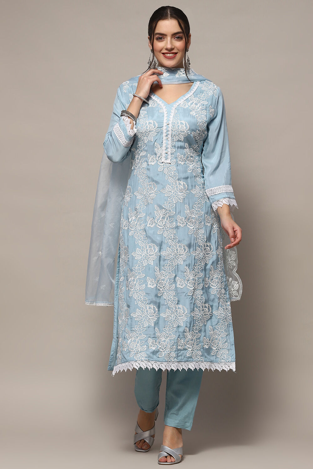 Dull Blue Muslin Unstitched Suit set image number 8