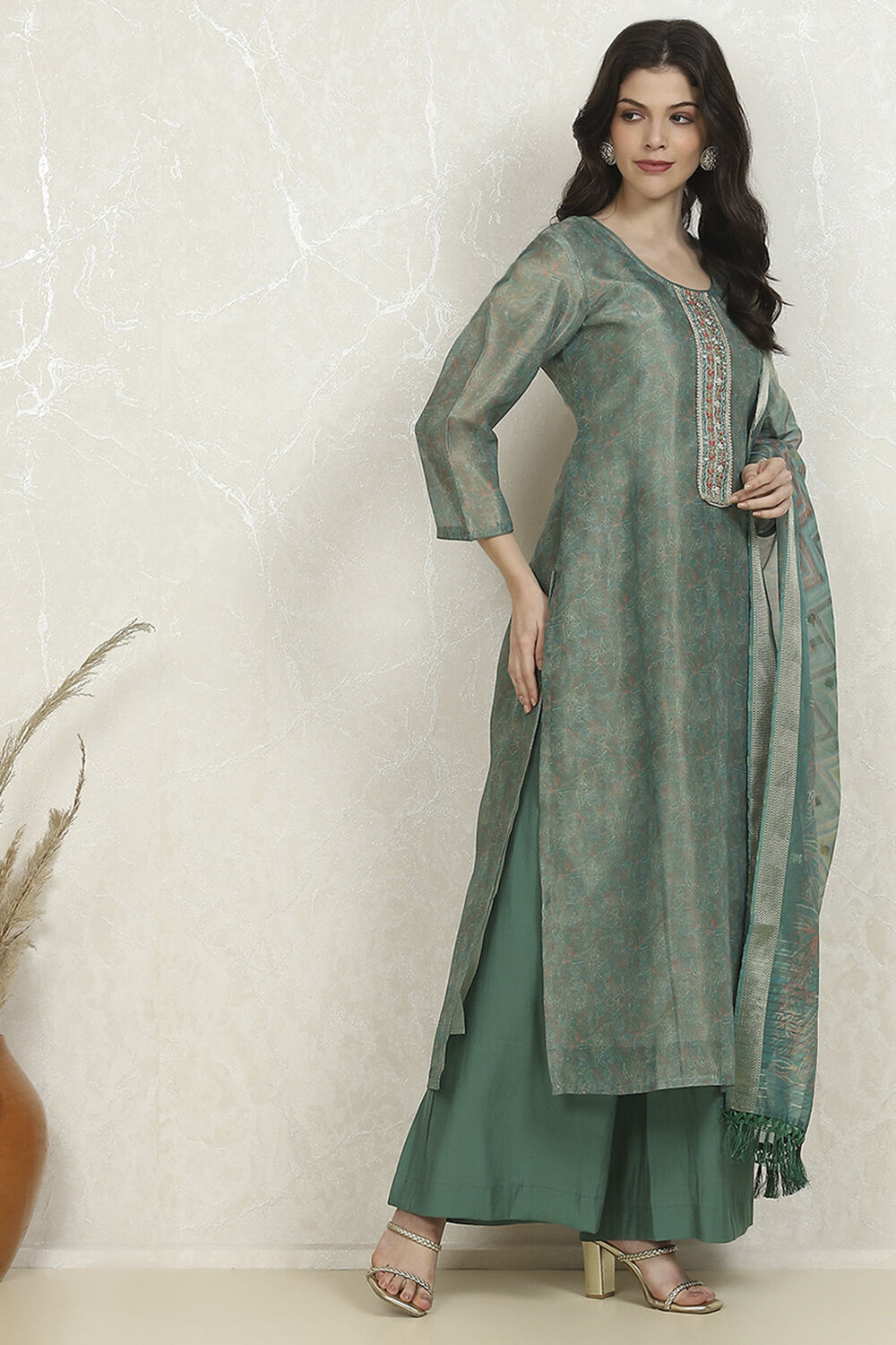 Orange Chanderi Unstitched Suit Set image number 6