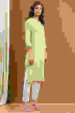 Light Lime Green Cotton Solid Regular Fit Straight Kurta image number 4