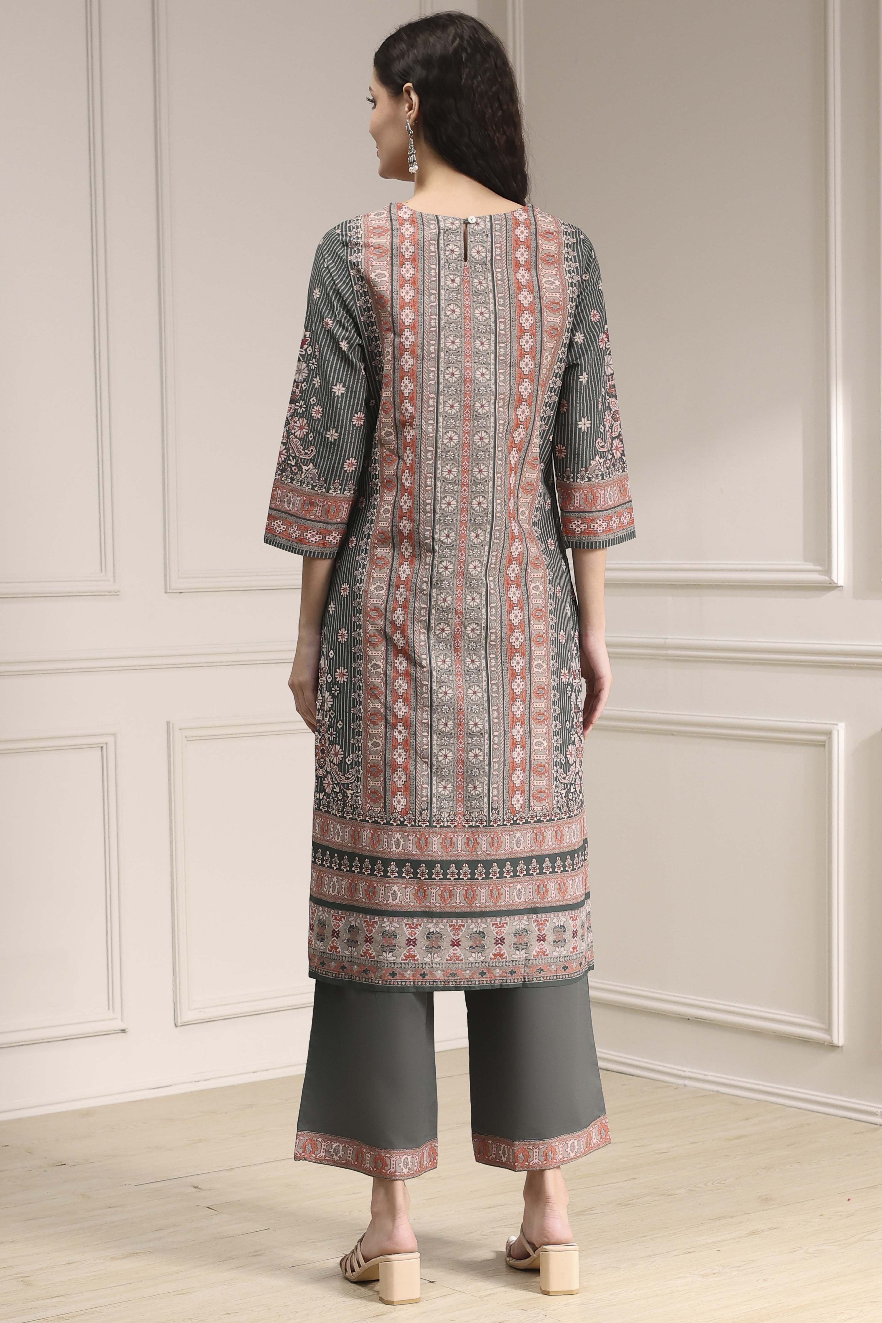 Grey Cotton Printed Straight Suit Set image number 4