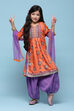 Orange Polyester Gathered Printed Suit Set