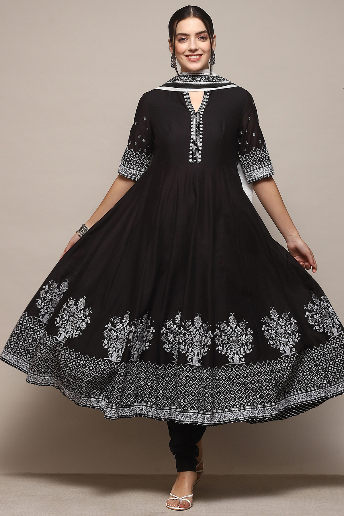 Black Cotton Anarkali Printed Kurta Churidar Suit Set