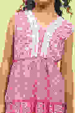 Pink Cotton Tiered Printed Kurta Salwar Set image number 1