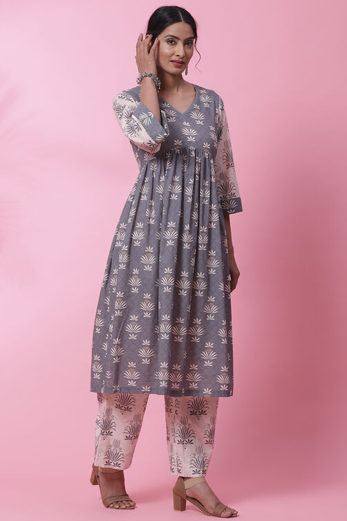 Grey Cotton A-Line Kurta Set image number 3