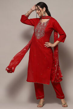 Red Cotton Unstitched Suit set image number 1