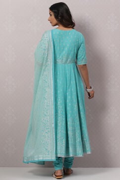 Turquoise Cotton Anarkali Kurta Churidar Suit Set image number 4