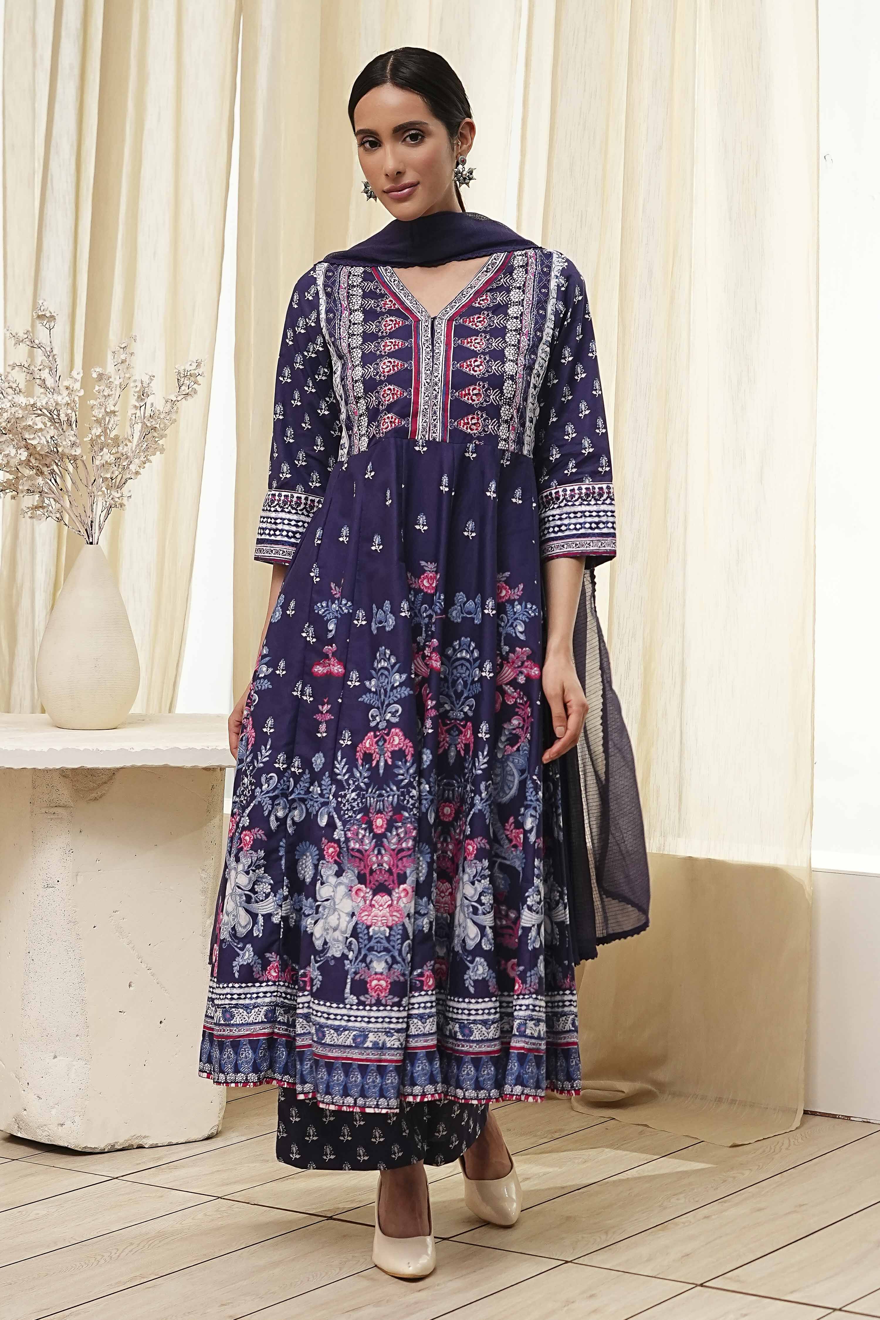 Indigo Cotton Floral Anarkali Suit Set image number 6