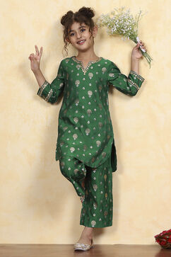 Green Polyester Yarndyed Fitted Kurta Pants Set image number 0