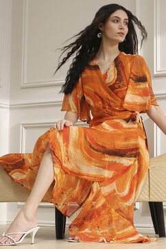 Mustard Yellow Printed Flared Dress image number 5