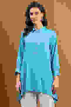 Turquoise Solid Asymmetric Short Kurta image number 5