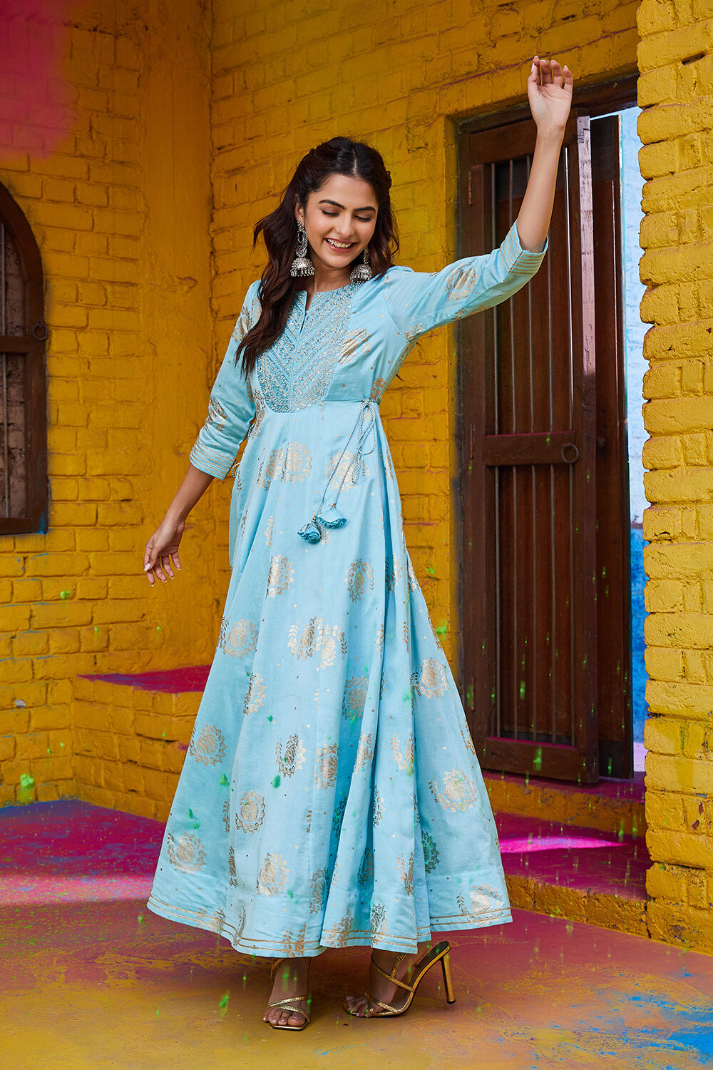 Sky Blue Foil Printed Festive Flared Dress Dress at Biba Global