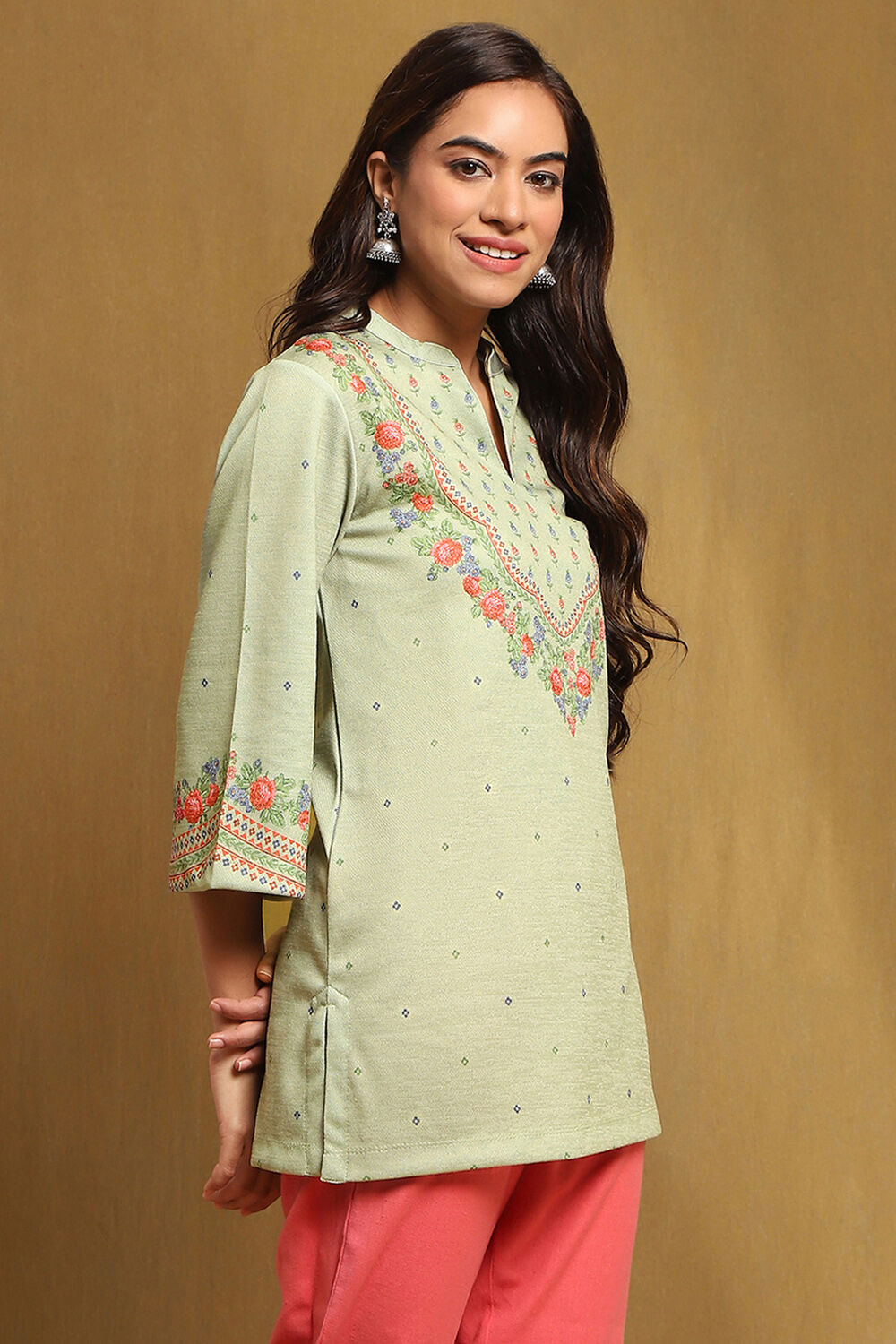 Mint Green Knit Printed Straight Winter wear Short Kurta image number 4
