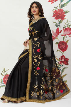 Rohit Bal Black Chanderi Silk Solid Saree With Blouse image number 0