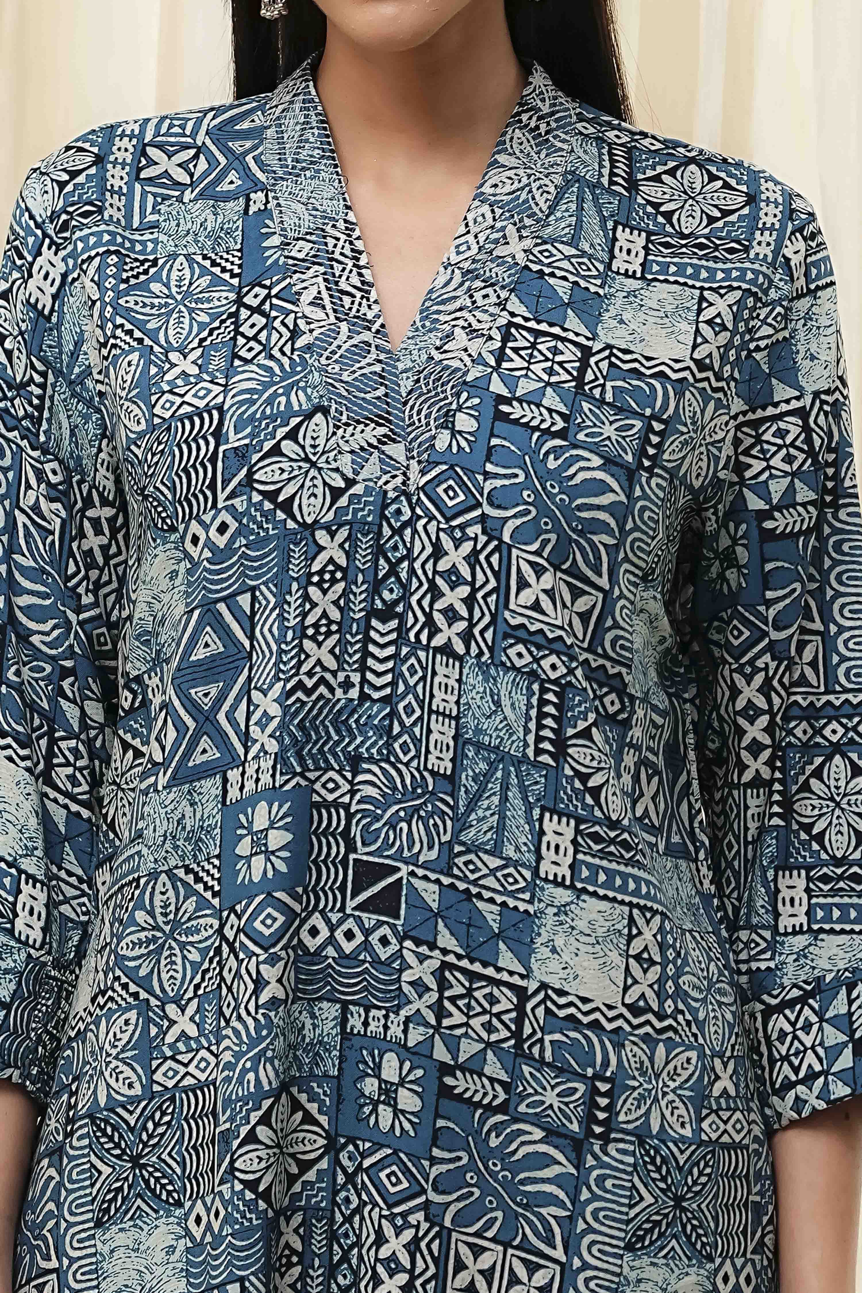 Teal Printed Straight Short Kurta image number 1