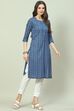 Blue Cotton A-Line Printed Kurta image number 2