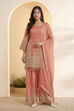 Peach Tissue Jacquard Embroidered Suit Set with Organza Dupatta image number 0