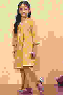 Yellow Cotton Floral Printed Festive Gathered Suit Set image number 3