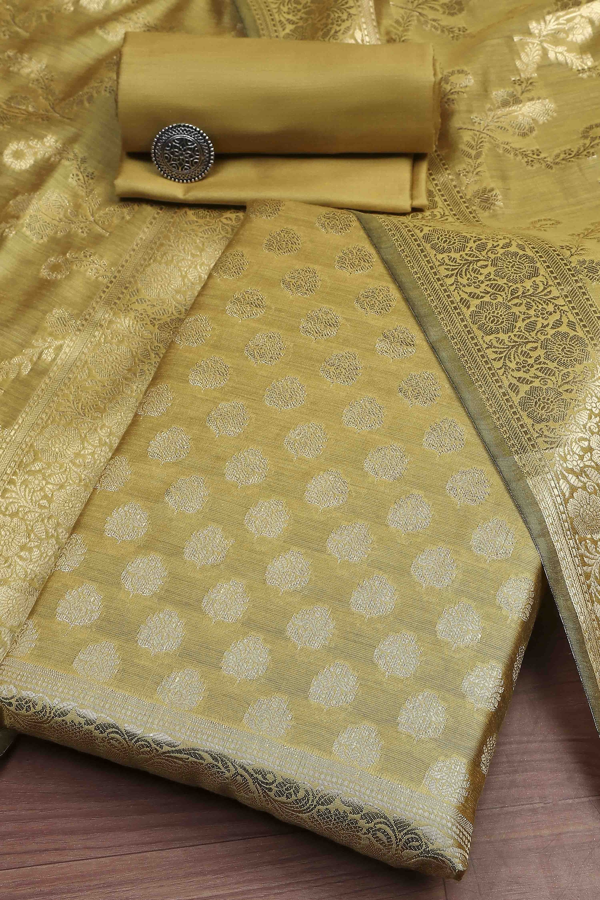 Yellow Cotton Printed Embroidered Unstitched Suit Set
