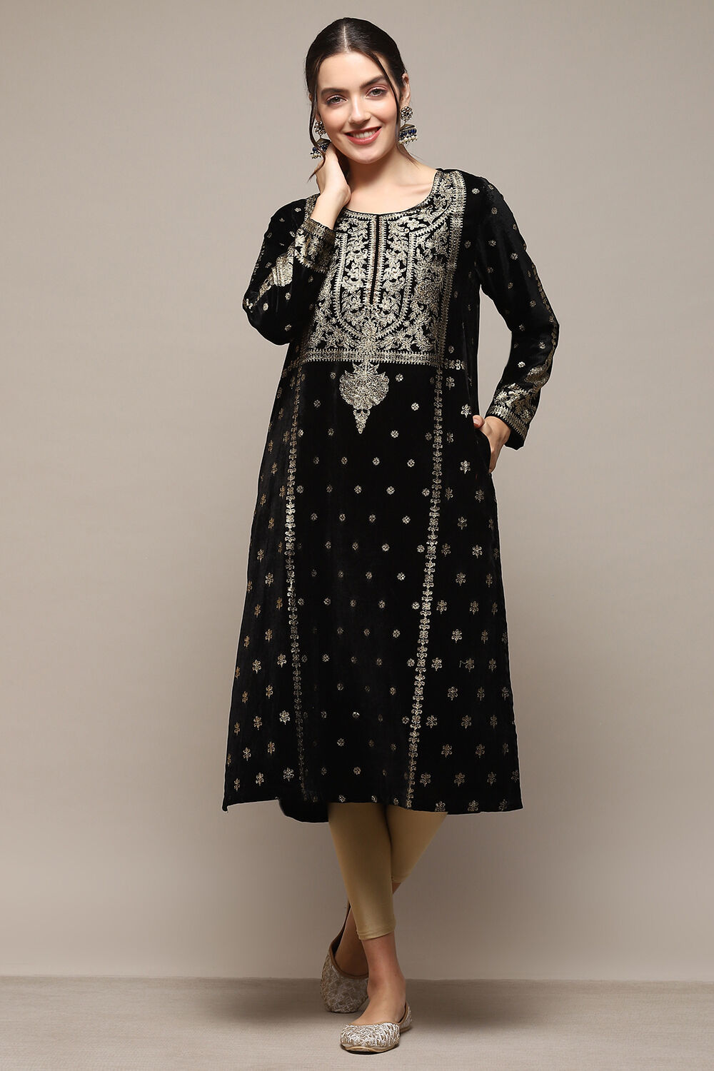 Black Poly Velvet Straight Printed Kurta at Biba India