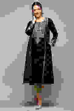 Black Poly Velvet Straight Printed Kurta image number 0